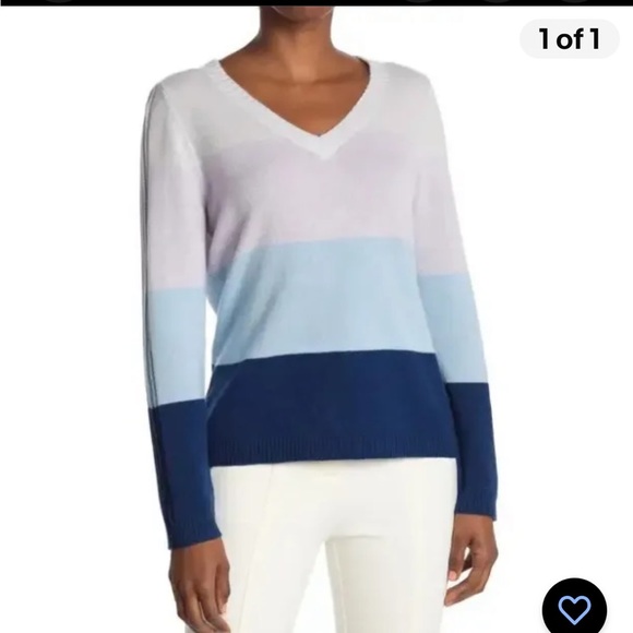 Kinross Sweaters - KINROSS Cashmere Colorblock Vneck Pullover Cashmere Sweater Blue Gray Sz L